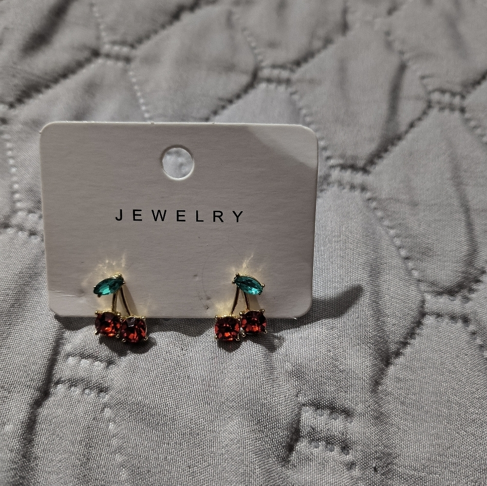 Sparkly Cherry Earrings Gold Finish - Picture 4 of 4